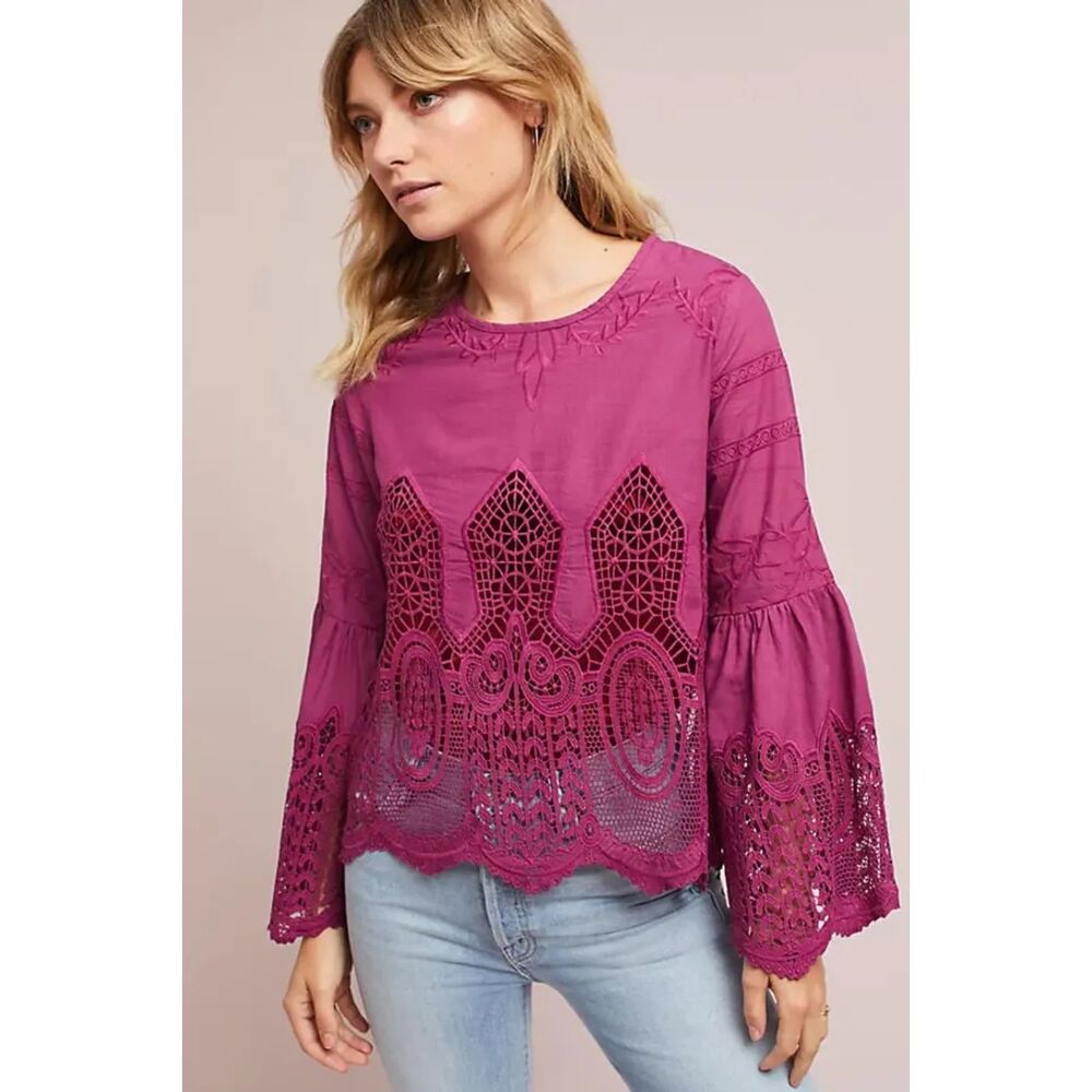 Anthropologie Bell-Sleeve Lace BOHO Pullover by Chloe Oliver Raspberry Sz S
